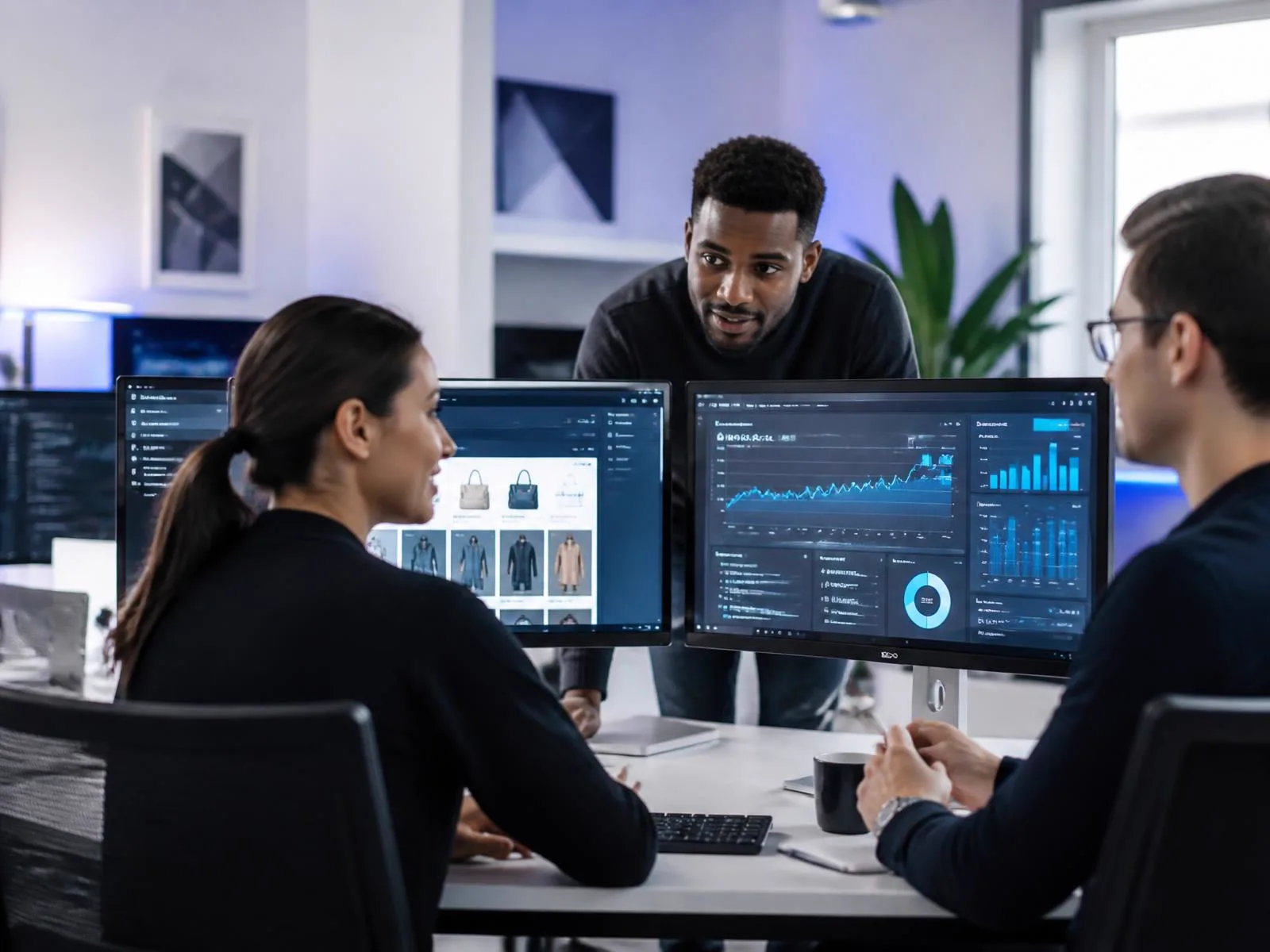 Benalux Digital team collaborating on Shopify store design and eCommerce analytics dashboards